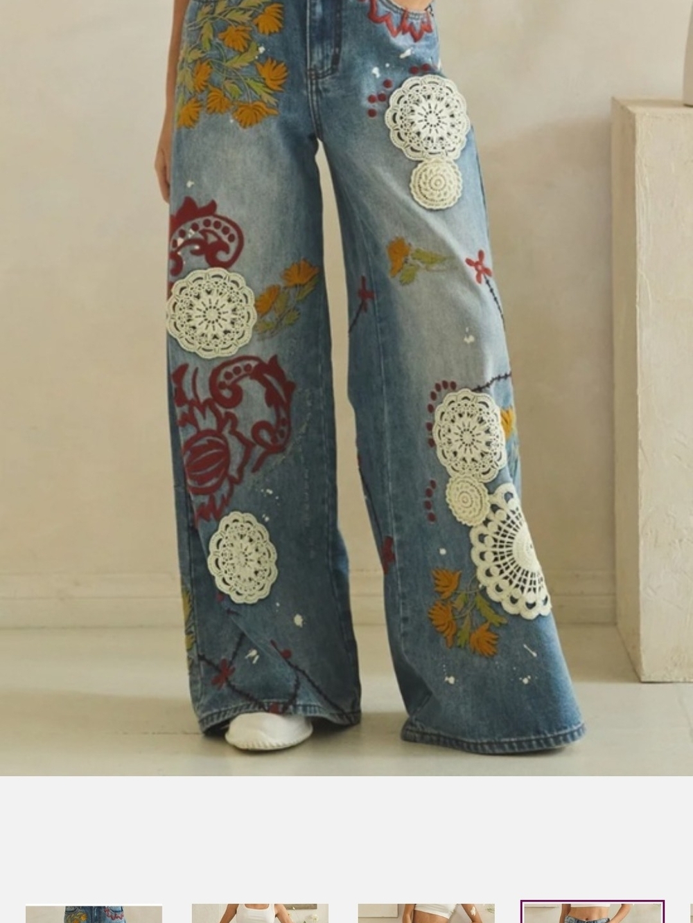 Oli & Hali Blue Wide-Leg Embroidered & Crochet Appliqué Jeans